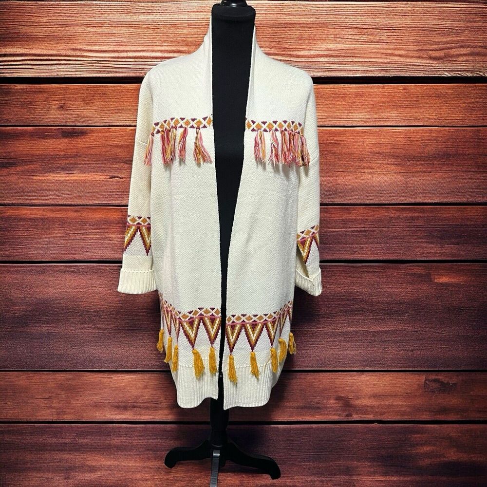 Matilda Jane Womens Cream Gingersnap Fringe Open Front Cardigan‎ Sweater Medium